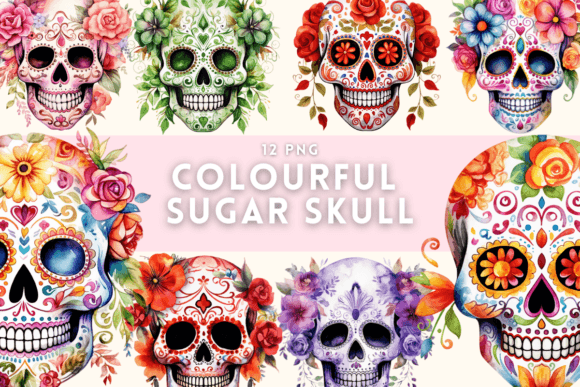 Download Watercolor Colourful Sugar Skull - Premium Bundle